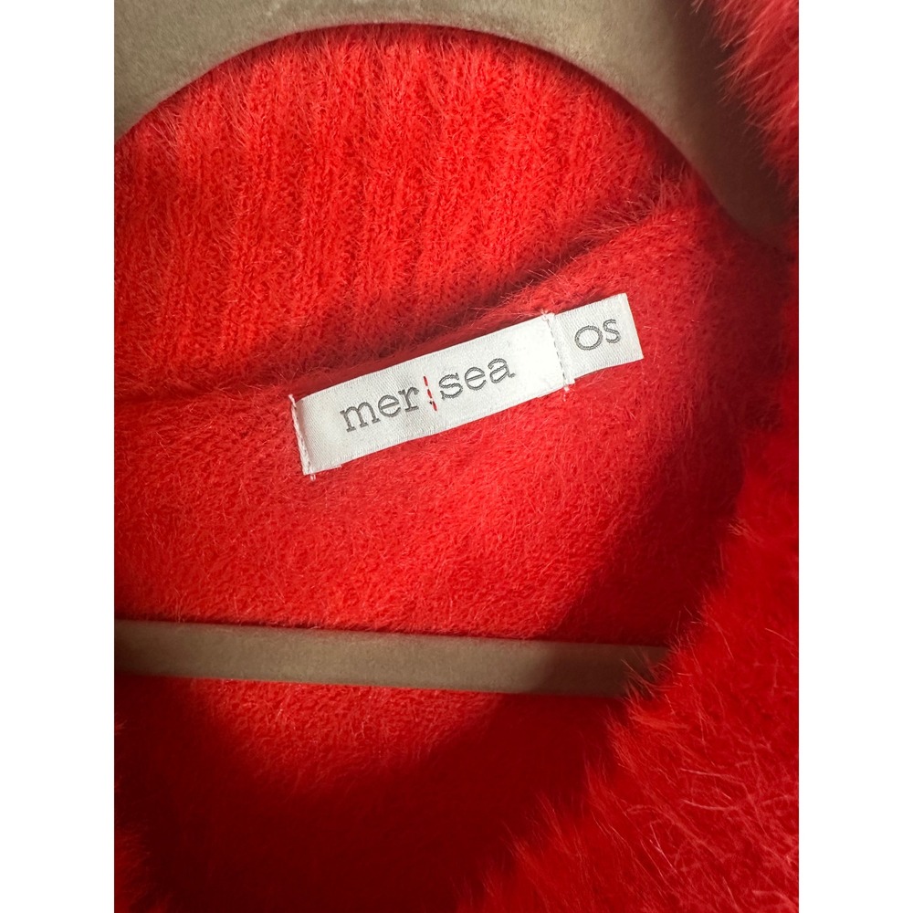 Mer-Sea Fuzzy Knit Cowl Neck Poncho Sweater Orange Red One Size OS Arm Slits - Picture 4 of 11